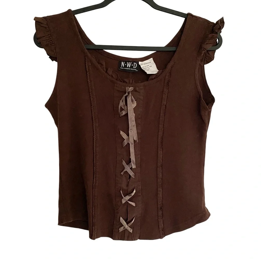 Vintage Y2K Lace Up Top Cotton Corset Style Renaissance Brown Tank Top M Womens - Picture 2 of 9